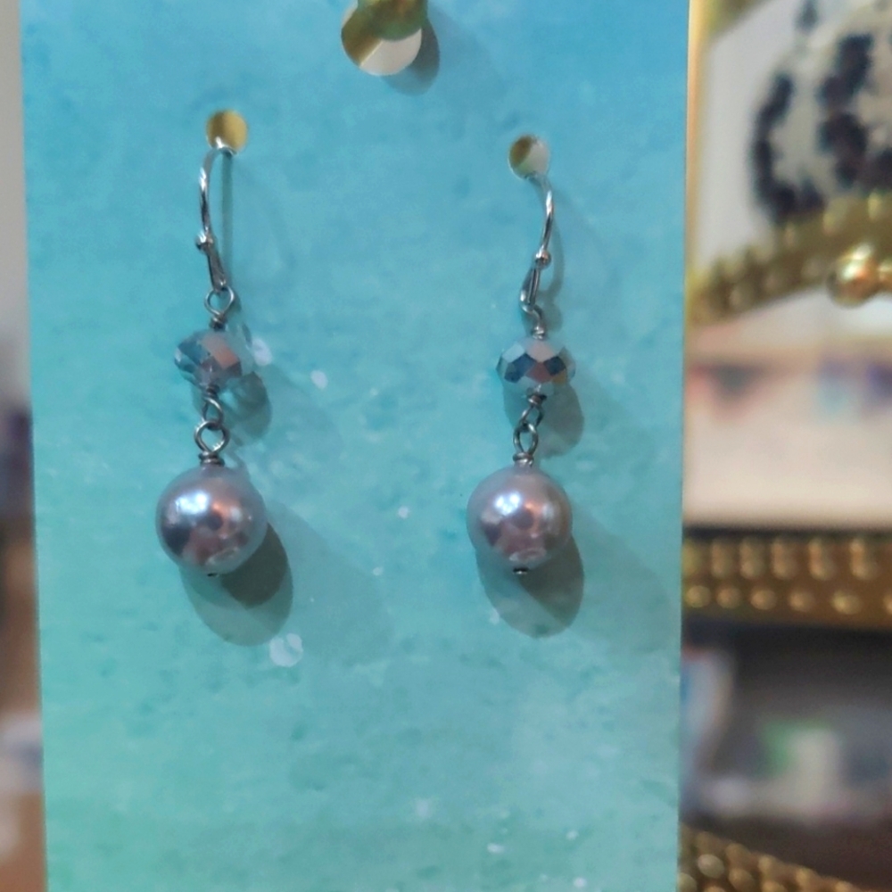 🌷 metallic Pearl And Faceted Glass Drop Earrings